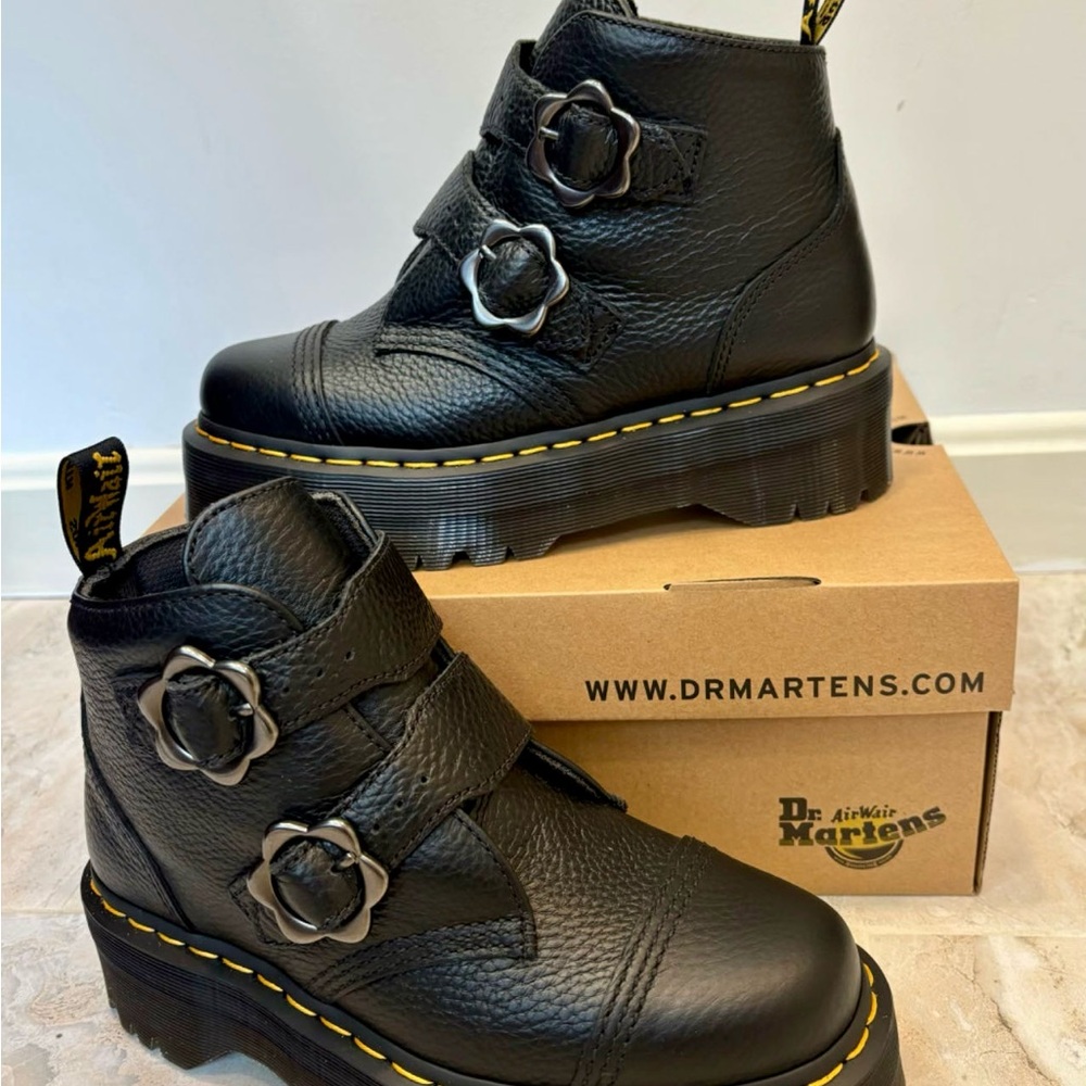 Dr. Martens Black Leather Platform Combat Boots with Flower Buckles